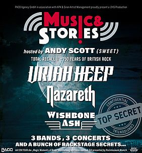 Konzertplakat von Music & Stories 2020 mit Uriah Heep, Nazareth und Wishbone Ash