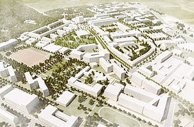 Foto einer Skizze des Campus aus der Vogelperspektive nach Umsetzung im Rahmen des Masterplans